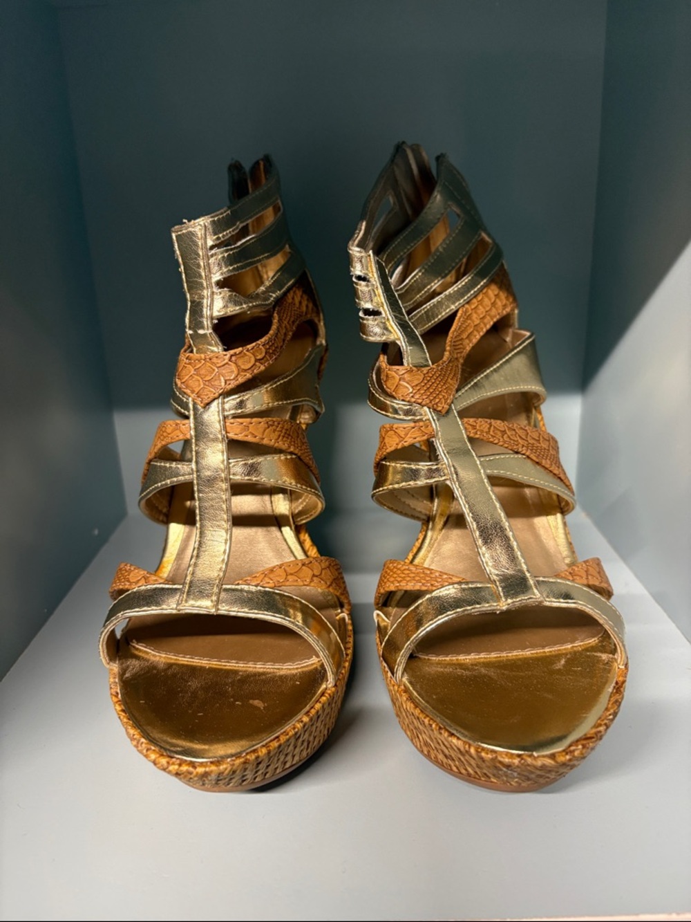 Qupid Metallic Gold and Cognac Strappy Wedge Sandals - Women